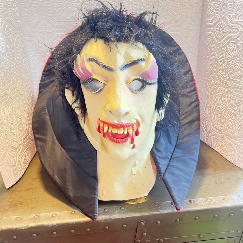 Vintage Vampire Dracula Latex Mask with High Padded Collar Black Hair Halloween